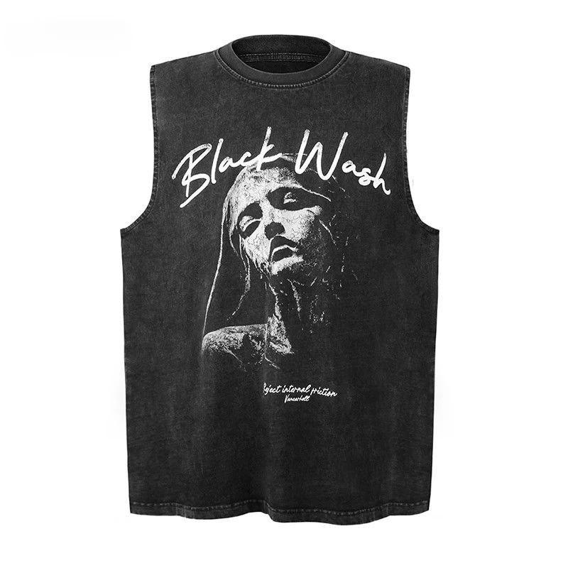 Street Cycling Vest Uninspired Vest American High Street Summer Vest Old Washed Cotton Sleeveless T-shirt