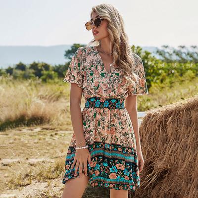 İlkbahar Yeni Bohem Çiçekli Elbise Kadın Günlük V Yaka Yüksek Bel Kısa Kollu Baskılı Elbise Kadınlar İçin Moda Yazlık Elbise