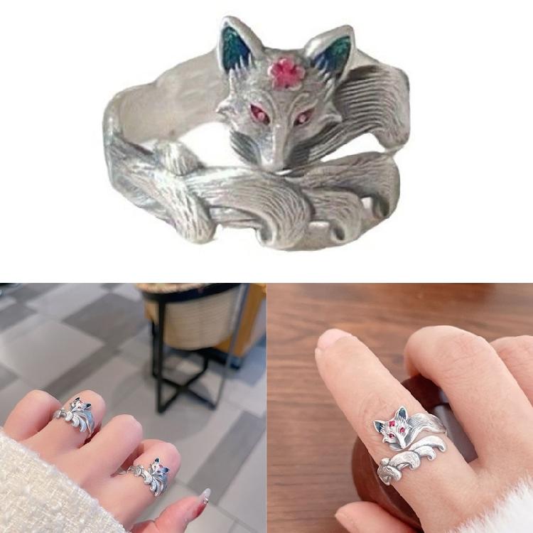 Handcrafted Nine Tail Foxes Peach Ring Open Adjustable Band Allergy resistant Alloy Jewelry Antique Style Foxes Ring