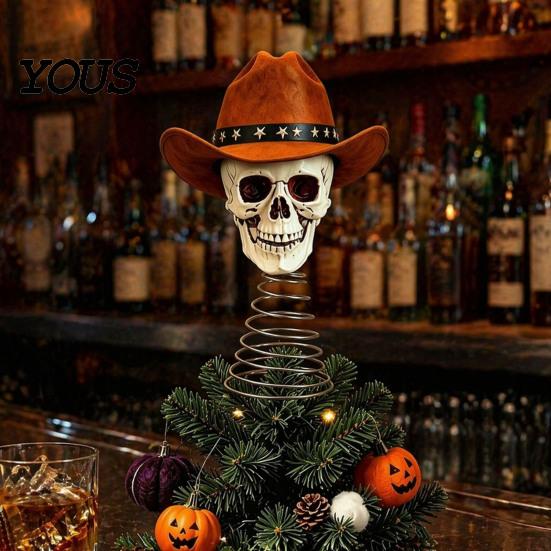 Unique Skull Tabletop Figurine Gothic Tree Topper with Cowboy Hat, Vintage Western Halloween Desktop Ornament Skeleton for Halloween, Spooky Christmas