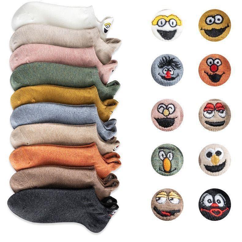 Women's Cute Japanese Cartoon Eyes Cotton Socks with Smiley Face Embroidery - Short Boat Style