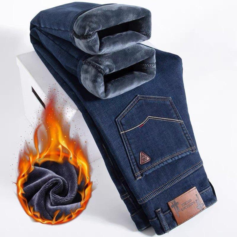 Autumn and Winter Fleece Thickened Jeans Loose Straight Pants Versatile Business Elastic Thermal Trousers