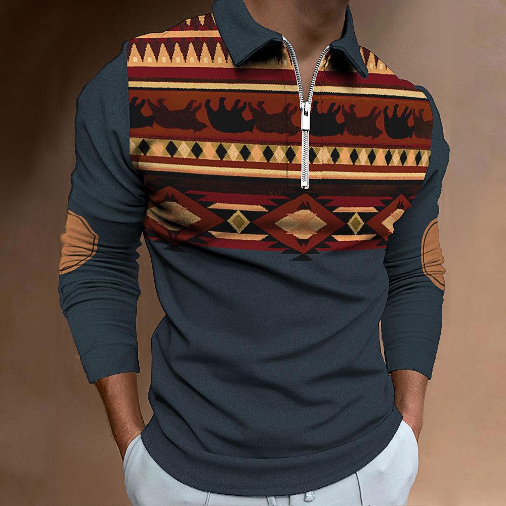 Mens Long Sleeve Lapel Casual Zip Fashion Digital Printed Polo Shirt Top