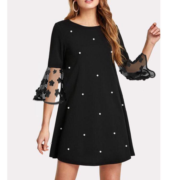 

Plus Size Polka Dot Floral Sleeve A-line Casual Dress for Women M чёрный