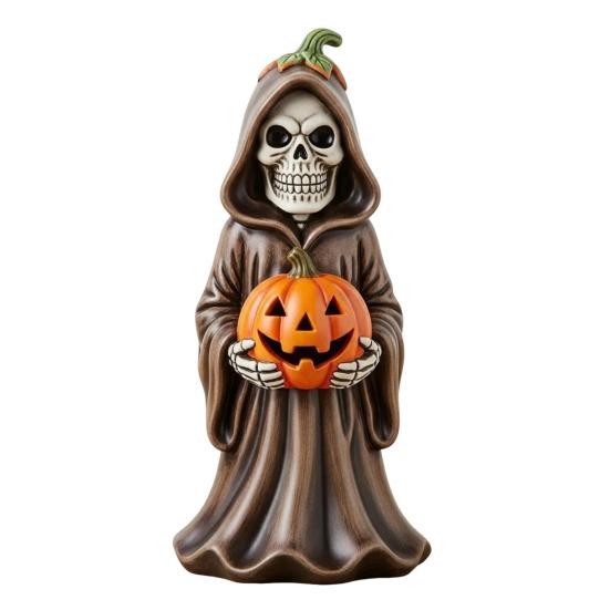 Halloween Skull Pumpkin Figurine Resin Skeleton Holding Pumpkin Statue Spooky Tabletop Ornaments for Indoor Home Decor