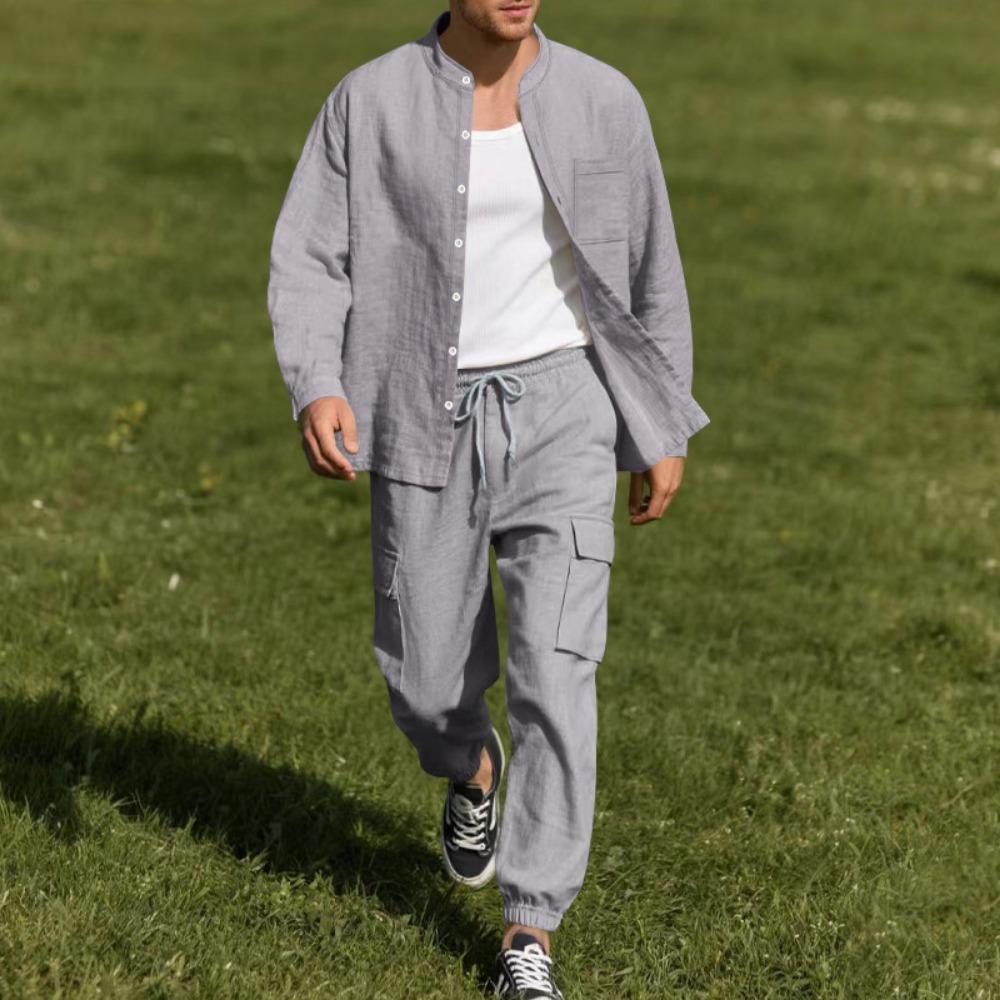 

Весенне-летний мужской льняной комплект с длинным рукавом на пуговицах и брюками, модный, повседневный, дышащий, быстросохнущий, комплект из 2 предметов S серый