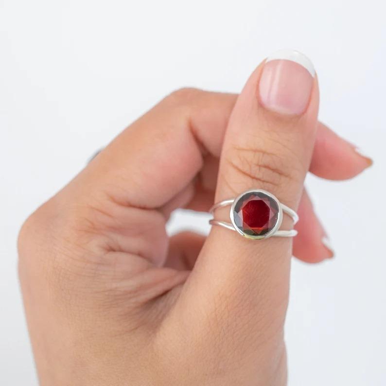 Round Garnet Gemstone Ring, Handmade Designer Ring, Gift For Her, Birthday Jewelry, Statement Ring, Wedding Gift
