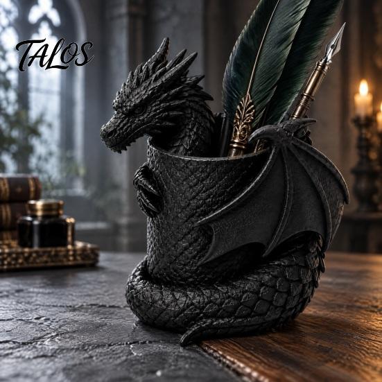 Unique Dragon Ornament 3D Printed Gothic Pen Holder, Coiled Figurine Stationery Cup, Creative Pencil Cup Fantasy Desk Organizer, Halloween Tabletop