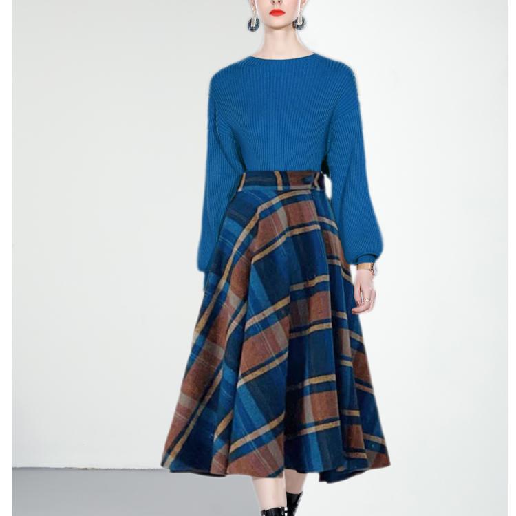 Dámske jeseň zima nová móda pletený sveter s dlhým rukávom topy kockované vlnené sukne dvojdielne súpravy