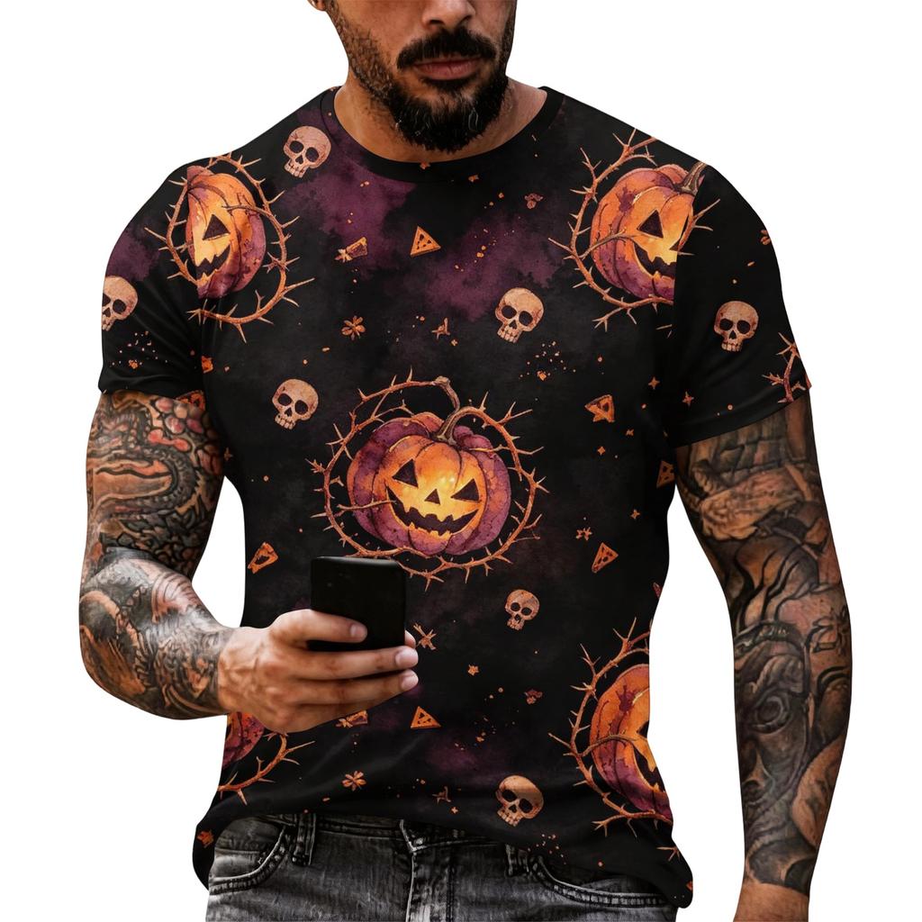 Men's Halloween Graphic Short Sleeve T Shirt Loose Fit Casual Summer Daily Top with Skull and Pumpkin Print for Everyday Wear