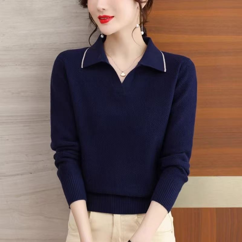 Women's Knitted Sweater Spring/Autumn/Winter Loose Flip Collar Western Style Knitted Sweater Top Mom
