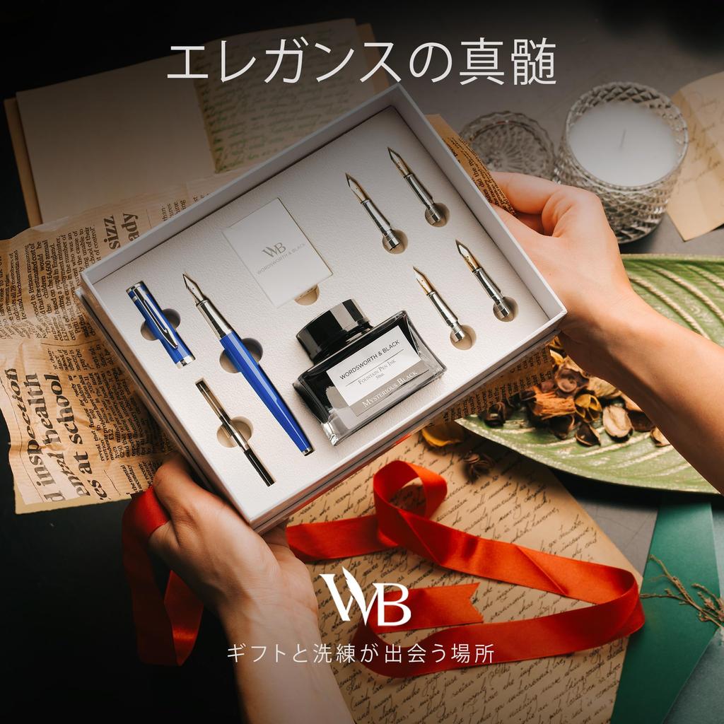 Wordsworth Black Fountain Pen Gift Set with Ink 6 Ink Ink Refill and 4 Replacement Premium for and Smooth Writing & Bottle, Cartridges, Converter,
