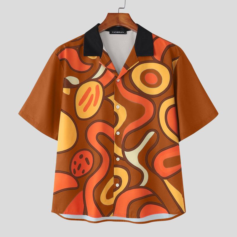 

INCERUN Summer Men Short Sleeves Colorful Print Casual Loose Holiday Shirts 5XL оранжевый
