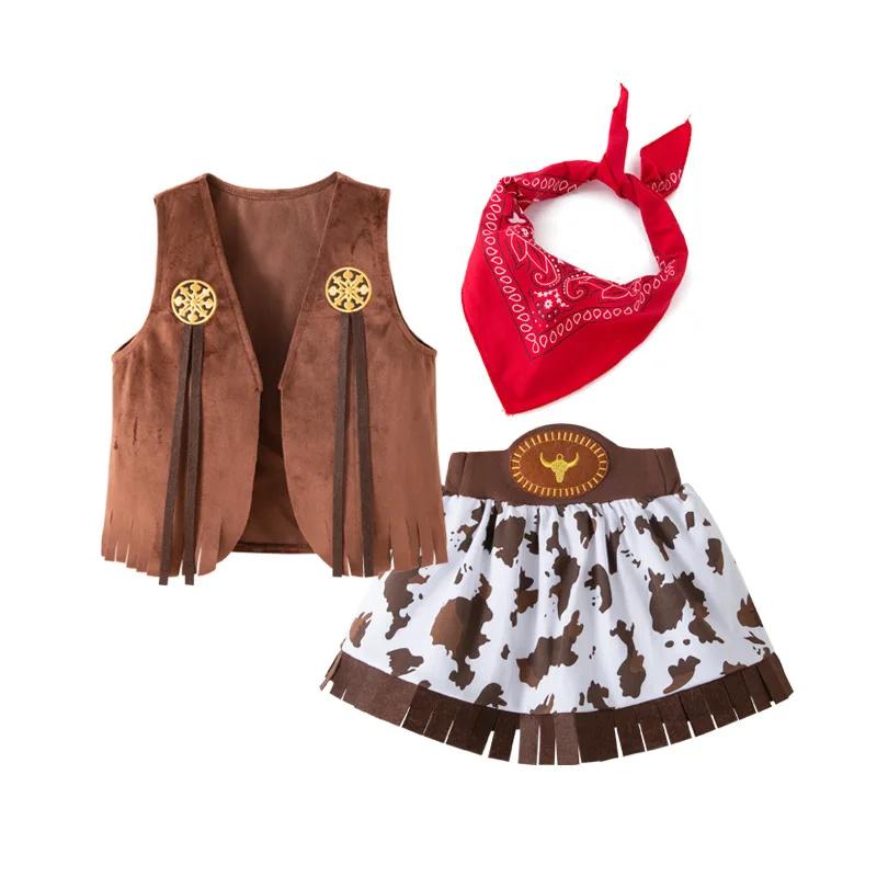 

Kid Girls Cowboy Costume Dresses Children Western Cowgirl Costumes Carnival Cosplay Halloween Event Party Dress Up 120