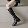 Versatile Leather Large Size Knight Boots Solid Color Back Zipper Middle Heel Round Head Square and Autumn and Winter Square and Women's High Boots