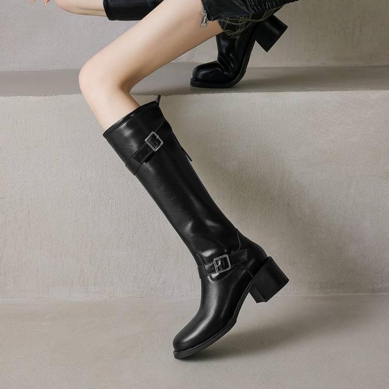 Versatile Leather Large Size Knight Boots Solid Color Back Zipper Middle Heel Round Head Square and Autumn and Winter Square and Women's High Boots