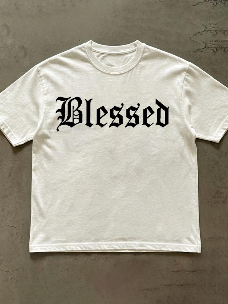 Plus Size White T-Shirt Light And Comfortable Summer T-Shirt for Men with a Round Crew Neck And a Blessed Print, Plus Size