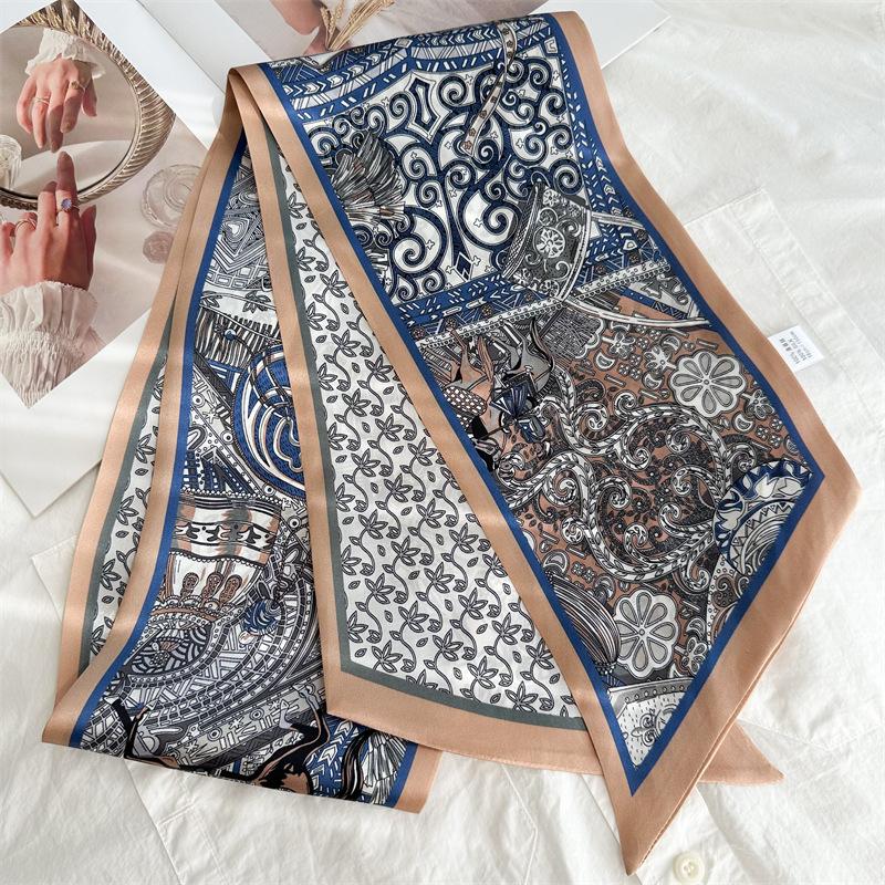 Silk scarf female blue knight print temperament mulberry silk silk scarf thin narrow long double-sided scarf streamer