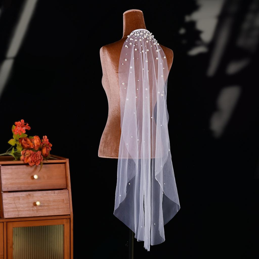 Pearls Crystal Decors Bridal Veils with Hair Comb Seethrough Sheer Single Layer Head Veils for Wedding Event Photography