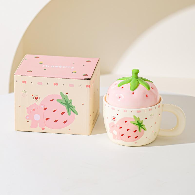 Erdbeerbär Keramiktasse mit Deckel für Mädchen Geschenk Tasse für Haushalt Becher Hochwertig Aussehende Paar Milch Frühstückstasse