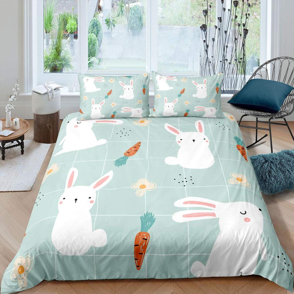 Kids Cartoon Rabbit Carrot King Queen Duvet Cover Boys Girls Cute Bunny Bedding Set Animal Quilt Cover Polyester Comforter Cover