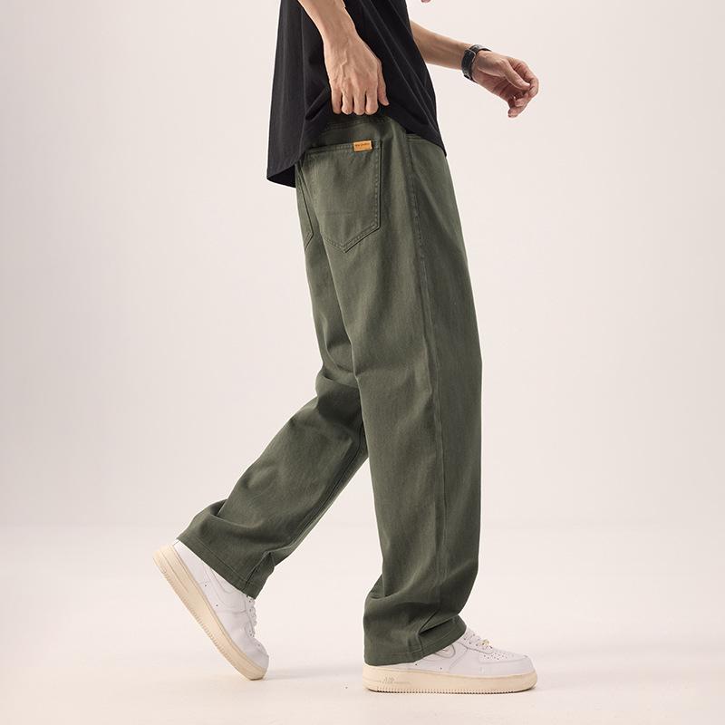 Men's All-Cotton Elastic Waist Wide-Leg Casual Pants - Solid Color, Floor-Length, Autumn Style