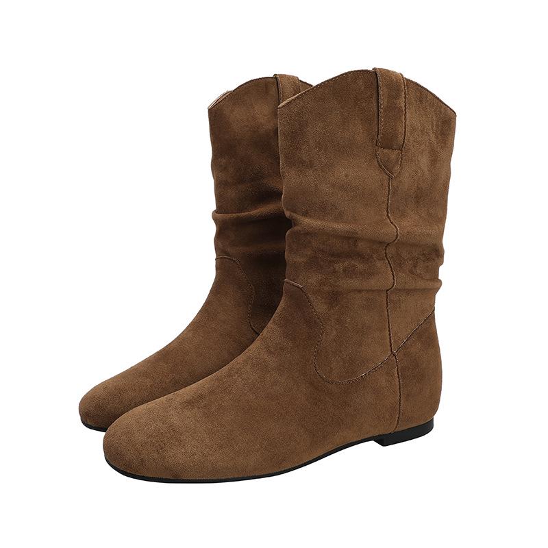 2025 Korean Style Women's Retro Soft Leather Round Toe Flat Heel Pleated Suede Ankle Boots