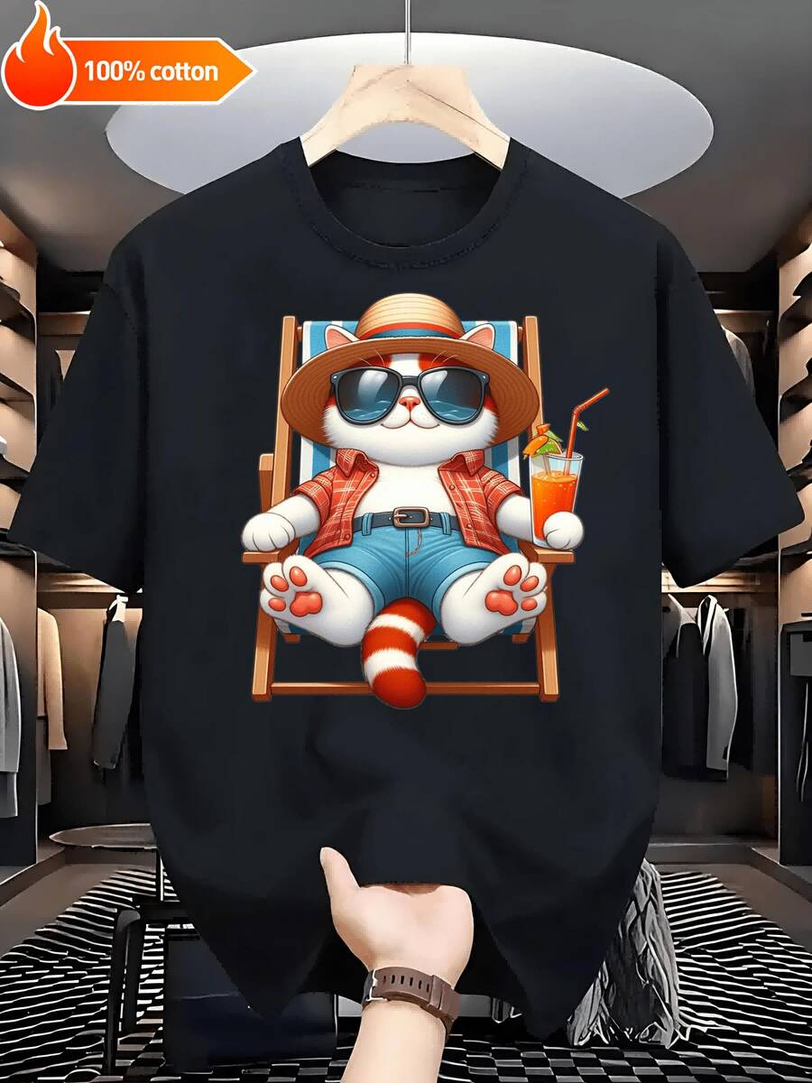 

Unisex s T-Shirt With Cute -Style Anime Cat In Hawaiian Shirt & Hat Print XL