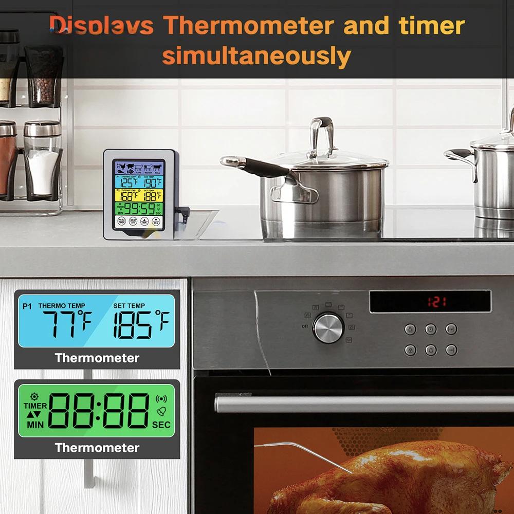 LCD Touchscreen Hintergrundbeleuchtung Duale Sonden Digitales Küchen-Koch-Lebensmittel-BBQ-Fleischthermometer für Küchenofen mit Alarmfunktion