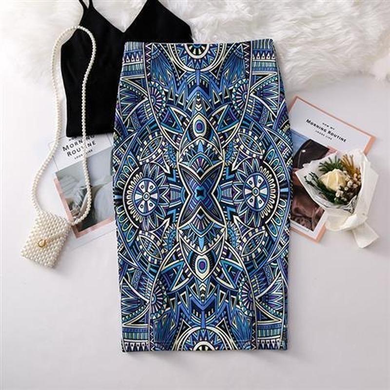 

Елегантна жіноча спідниця-олівець з літнім принтом. Жіноча спідниця до коліна з високою талією XL синій