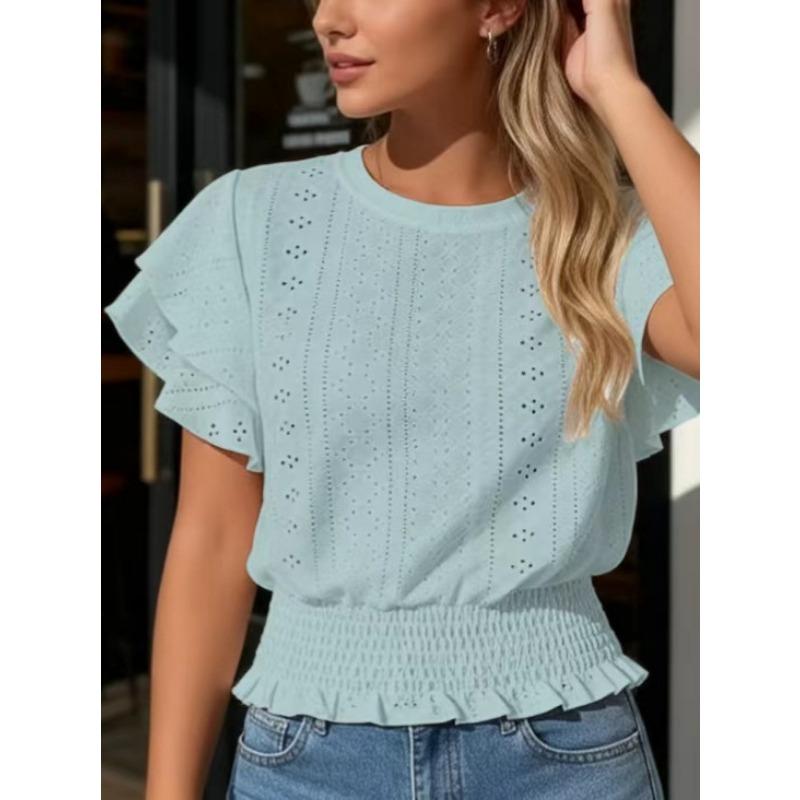 Women Round Neck Eyelet Embroidery Ruffle Sleeve Smocked Waist Casual Blouse Tops