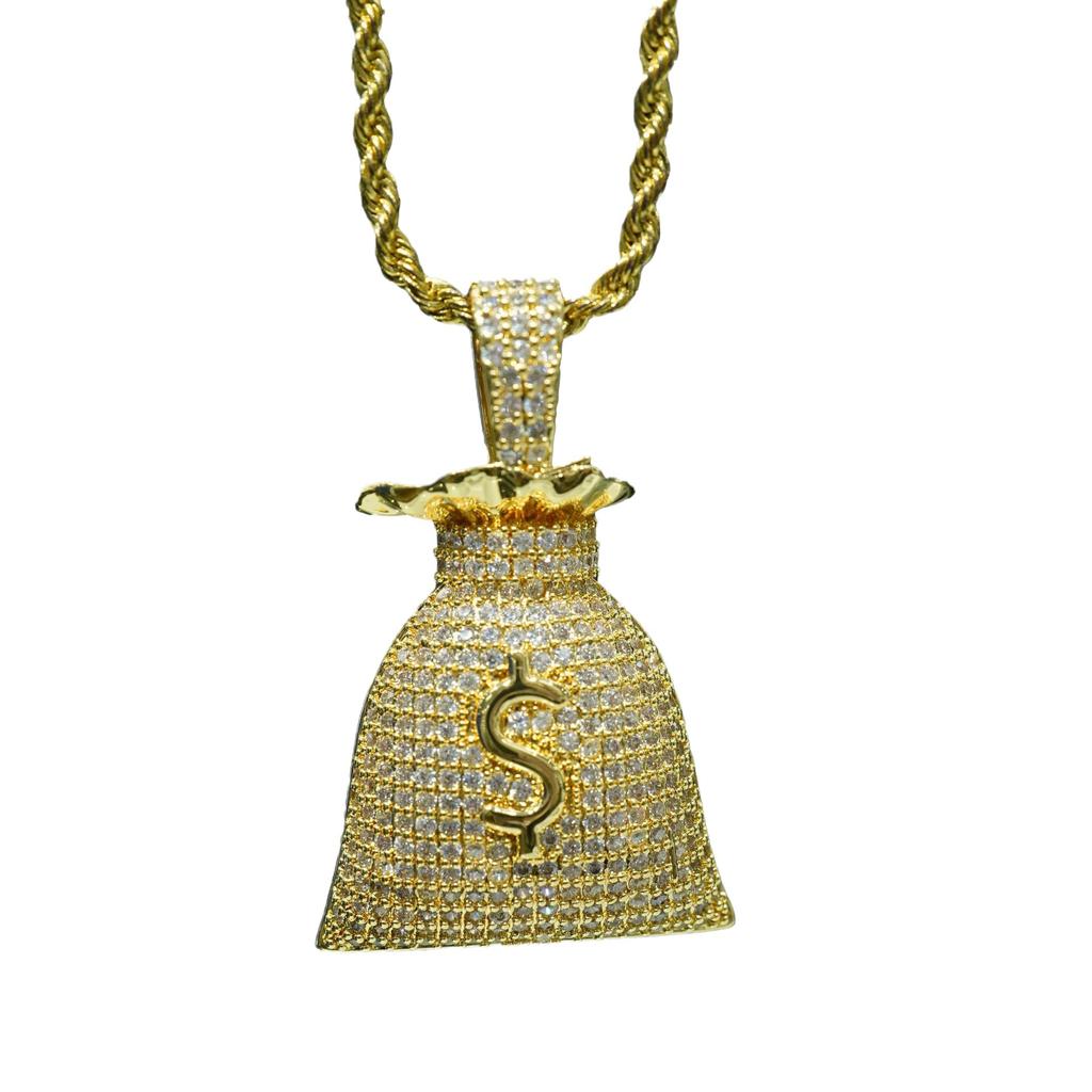 European and American Hip Hop Money Bag USD $Symbol Necklace Copper Set Zircon Pendant HIPHOP Trendy Jewelry