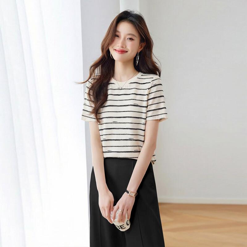 Srcr Women s 20 Momme Mulberry Silk Jacquard Stripe T-Shirt L