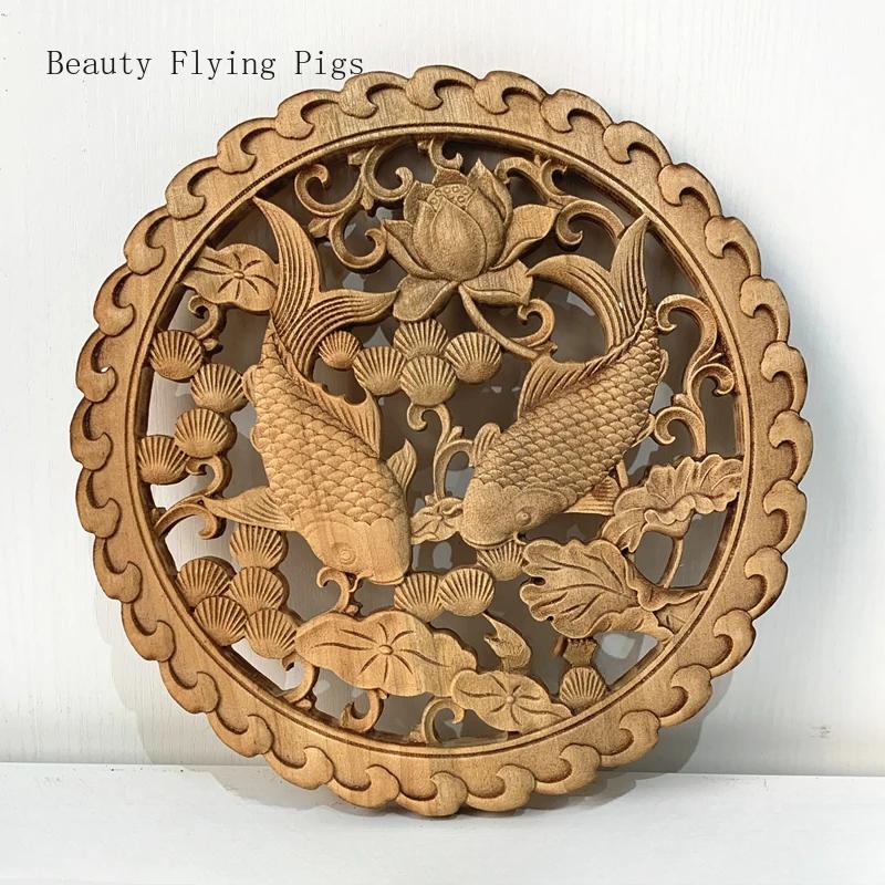 Diameter 27cm/10.8" Chinese style camphor wood carving circular decoration living room entrance background wall pendant