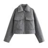 Winter Coat Female Tweed Faux Wool Coats Autumn Demi-Season Cropped Gray Coat Woman Long Sleeve Solid Short Coats