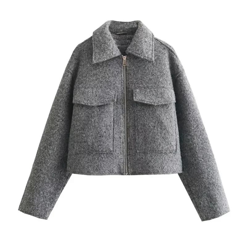 Winter Coat Female Tweed Faux Wool Coats Autumn Demi-Season Cropped Gray Coat Woman Long Sleeve Solid Short Coats
