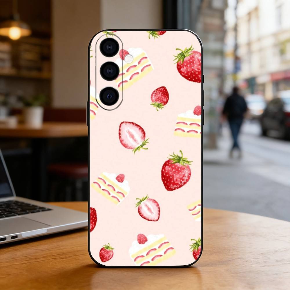 INS Cream Strawberry Cake Cartoon Cute Phone Case Black Silicone Soft For Samsung Galaxy A73,A72,A71,A70,A53,A52,A51