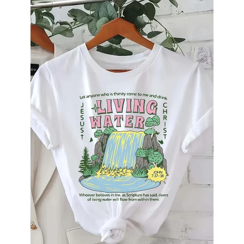 

Women S Summer Casual Crew Neck T-Shirt with Graphic Print, Knit Fabric, Short Sleeve Top for Spring & Summer, Regular Length - Living Water Design S белый