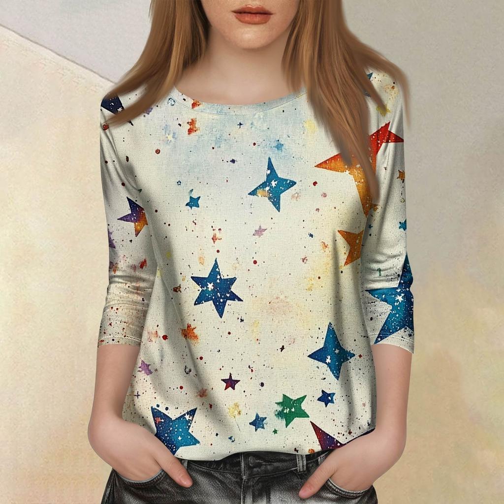 Dames Mode Casual Zeven Mouwen Onafhankelijkheidsdag Bedrukt Rond Hals T-shirt Top