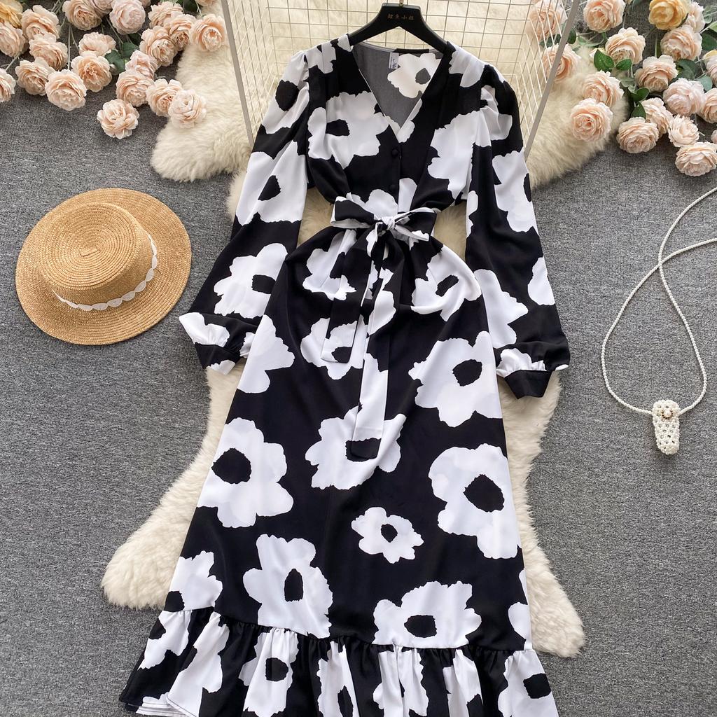 Fashion Flower Print Γυναικείο Φόρεμα Φθινοπωρινό Κομψό Vintage Επίδεσμος Μακρύ μάξι Φόρεμα με βολάν πάρτι Vestidos