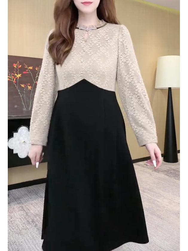 Luxury Lace Jacquard Long-Sleeve Dress for Middle-Aged Women - Autumn/Winter Collection