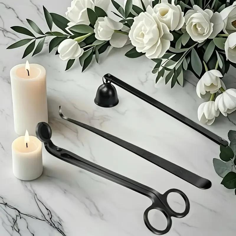 Top Quality Black Candle Tool Set, Wick Cutter Wick Extinguisher Hook + Candle Cover with Complete Set, Stainless Steel Material