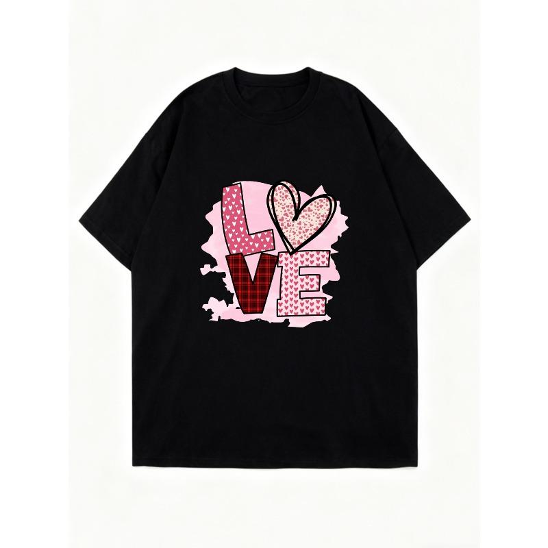 Oversized T Shirt Black Love Heart Pattern And Text For Casual Wear