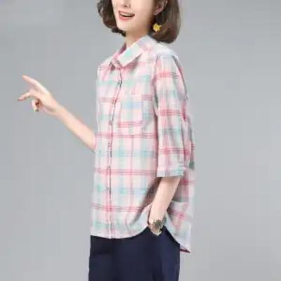 Summer Breathable Linen Top Women's Pink Blue Plaid Collared Shirt