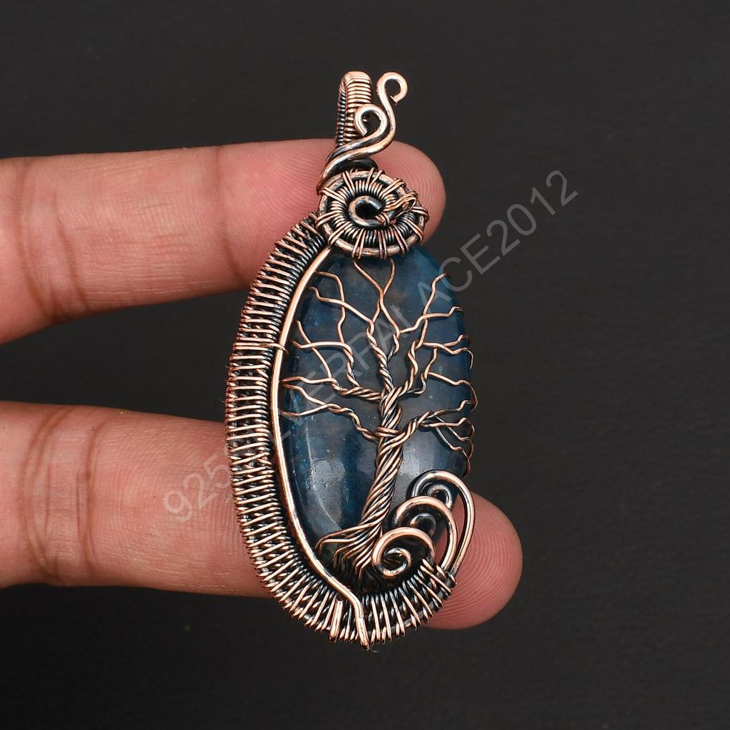 Handmade Tree of Life Apatite Gemstone Wire Wrapped Pendant Copper Wrapped Oval Crystal Necklace Charm for Women & Men Boho Healing Jewelry Gift