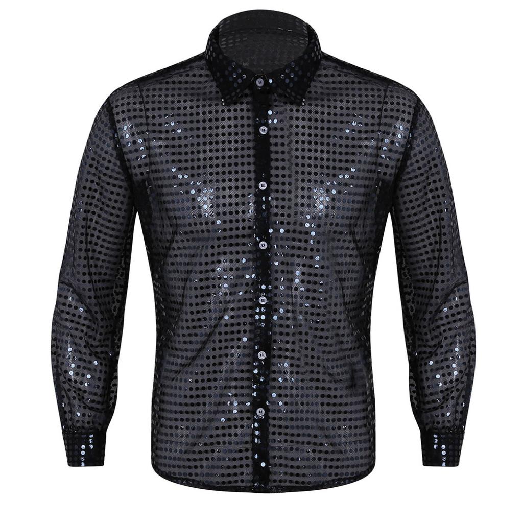 Buy Men's Shiny Sequins Mesh Tops Long 