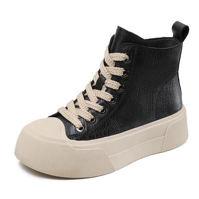 Mode 5CM 2024 Frühling Herbst Klobige Plateau Stiefeletten Damen Echtes Leder Schnürung Reißverschluss High Top Dicke Sohle Lässige Board Schuhe