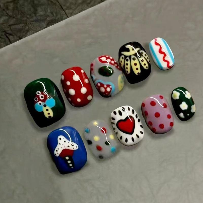 30Pcs Cute Cartoon Short Bean Shaped Press On Nails Autumn Winter Niche Design Fake Nails Gift For Girls And Friends