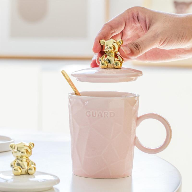 Bear Girl Mug Light Luxury Ceramic Cup with Lid Spoon High Looking Couple Coffee Cup Student Water Cup