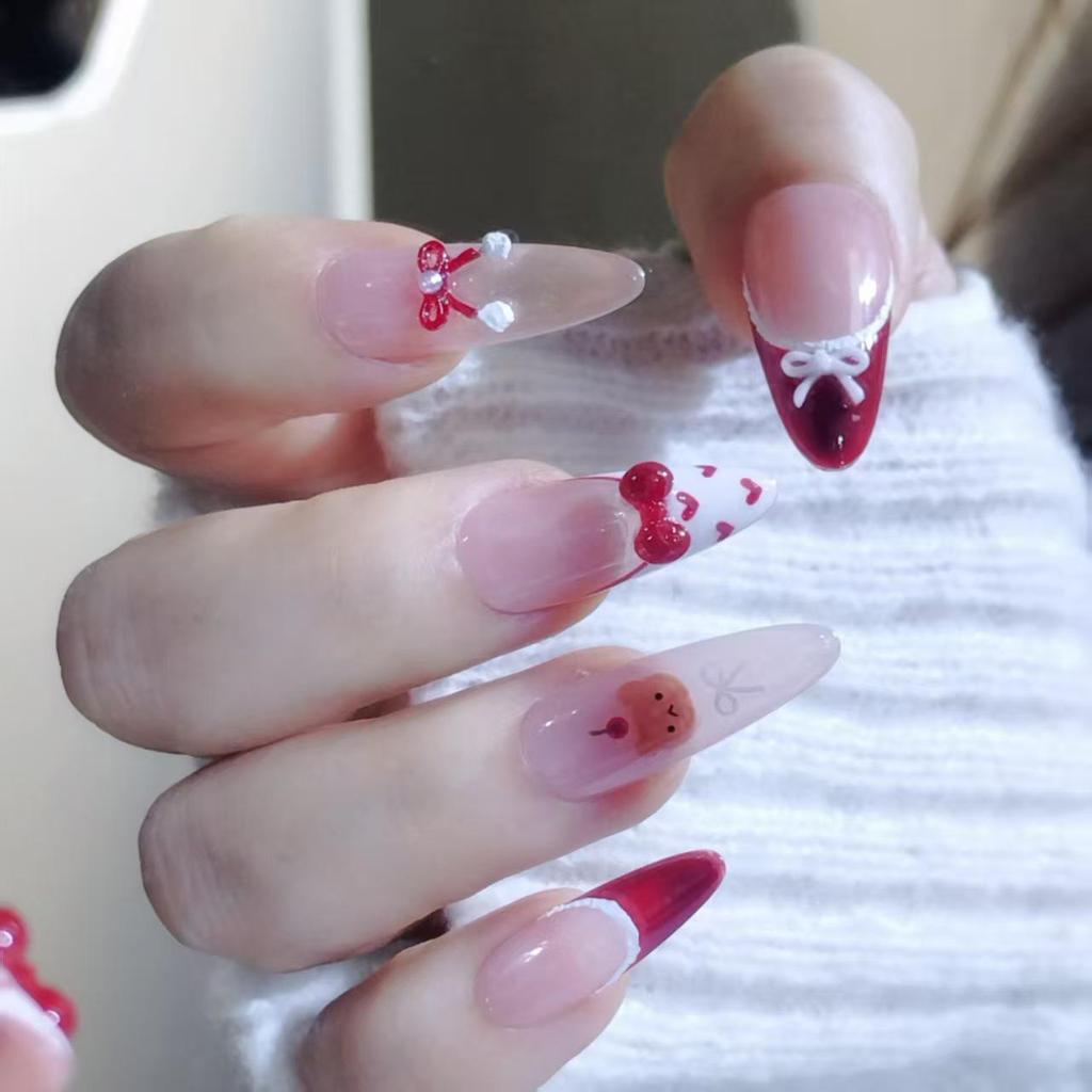 Festlicher Roter Bär Französische Schleife Handgefertigt Katzenauge Niedlich Girly Lange Nägel
